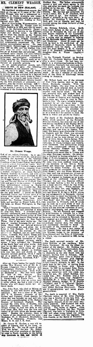MR. CLEMENT WRAGGE. DEATH IN NEW ZEALAND