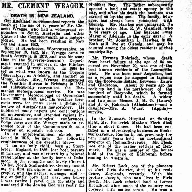 MR. CLEMENT WRAGGE. DEATH IN NEW ZEALAND