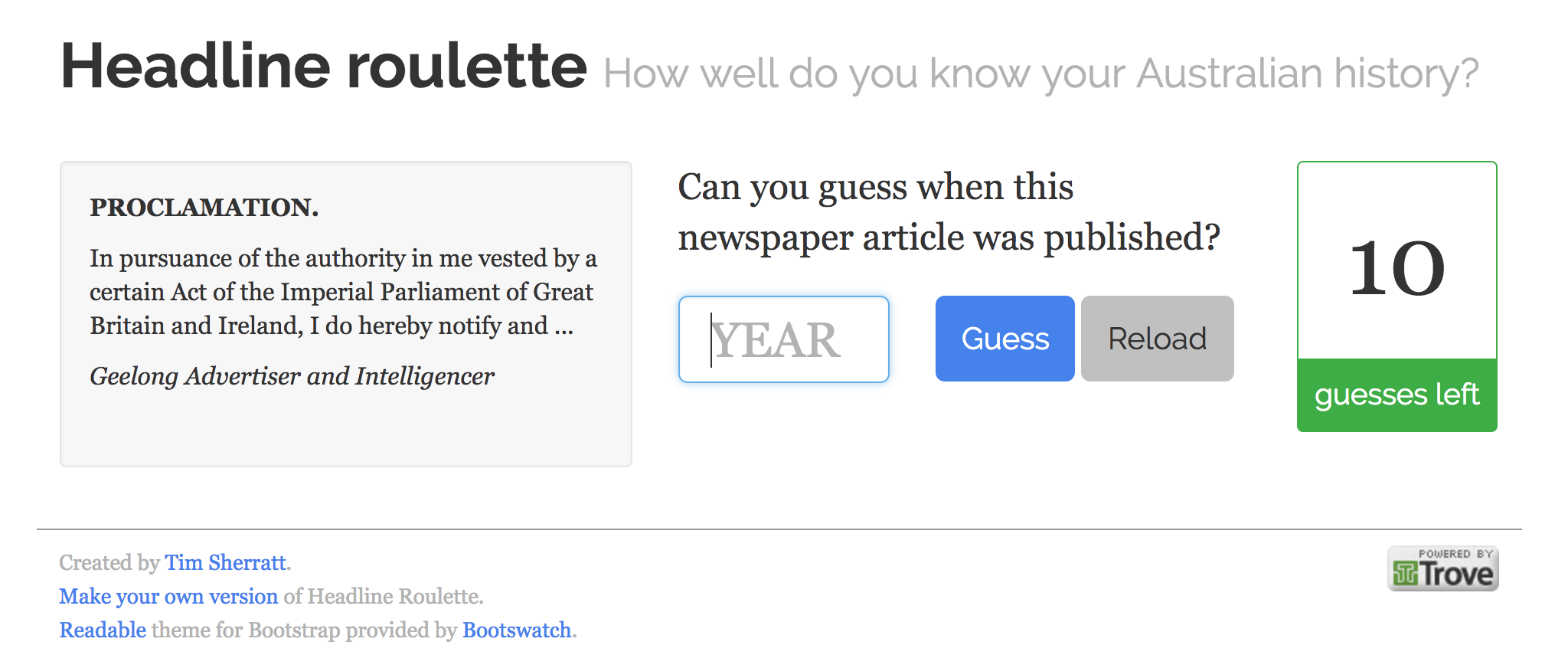 Screen capture from Headline Roulette