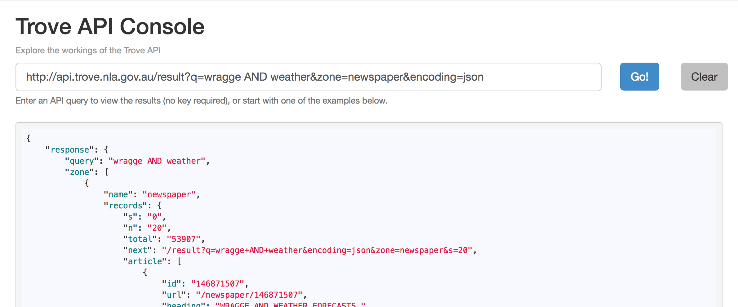 Screenshot of the Trove API Console